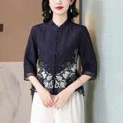 新中式刺绣立领蕾丝上衣女2024春季轻奢优雅国风小衫复古衬衫