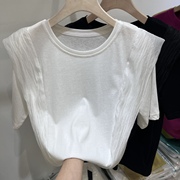 欧货甜美雪纺拼接漂亮时尚女装洋气上衣减龄短袖白色T恤夏季