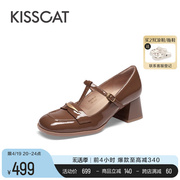 KISSCAT接吻猫2024春季法式通勤圆头单鞋T字带粗跟玛丽珍鞋女