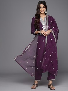 印度进口民族风套装含裤子，围巾刺绣丝混纺，高级感紫色3件套