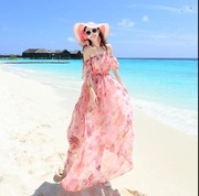 度假拍照沙滩裙一字肩雪纺连衣裙夏季甜美显瘦公主裙露肩气质长裙