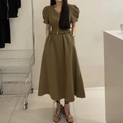 时尚套装女韩版2023夏季气质拉链泡泡袖收腰上衣半身裙两件套