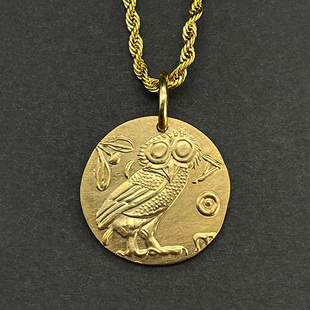 古希腊饰品金币吊坠镀金水瓶座，守护神雅典娜猫头鹰仿古币，硬币项链
