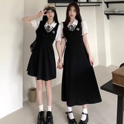 法式学院风假两件黑色，polo连衣裙子女大码夏季收腰显瘦气质a字裙