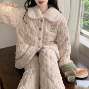 女士睡衣珊瑚绒三层，夹棉冬季加绒加厚法兰绒，甜美保暖套装家居服女