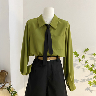 绿色领带衬衫女2024春设计感小众雪纺长袖上衣宽松学院风衬衣