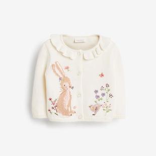 英国next童装女婴儿女宝宝白色，可爱兔子圆领针织开衫毛衣外套