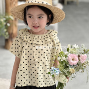 儿童波点娃娃衫夏季韩系女宝宝可爱花边，翻领衬衫女童短袖上衣