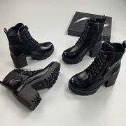 外贸女靴子2022冬季马丁靴，系带英伦风粗跟高跟防水台加绒短靴