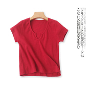 螺纹棉T恤  夏女装时尚修身V领短袖短款纯色弹力套头T恤24593