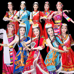 藏族舞蹈演出服女西藏卓玛成人，水袖表演服套装藏族民族服饰舞台装