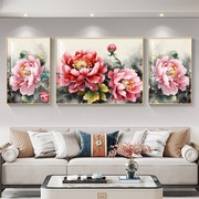 新中式花开富贵国画牡丹，客厅装饰画沙发背景墙三联画卧室床头壁画