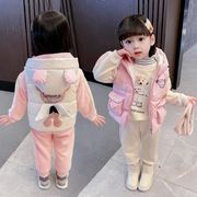 女宝宝棉服三件套冬季洋气棉衣小熊马甲套装加绒加厚卫衣韩版童装