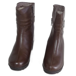 坡跟羊毛靴子冬季保暖大棉真皮女靴短筒咖啡色头层牛皮靴4950101