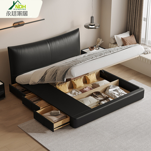 香奈儿床意式极简真皮床现代简约黑色复古双人床高箱储物主卧大床