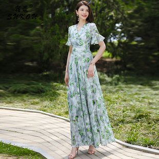 印花雪纺连衣裙女2024夏装气质显瘦今年流行的漂亮裙子沙滩裙