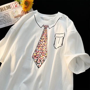 男童短袖t恤2024涂鸦领带中大儿童，夏季纯棉宽松百搭半袖衣服