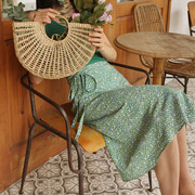 KiraYanng2021夏季茶歇中裙棉麻印花系带绿色蔷薇一片式半裙