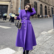 时尚紫色长款毛呢大衣女装2024冬季V领修身显瘦高端气质外套