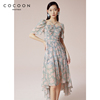 COCOON商场同款气质方领连衣裙2023夏季女装印花不规则雪纺裙