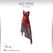 NG Minimalism 红色碎花不规则网纱吊带裙女夏季复古小众设计