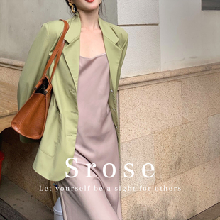 srose牛油果绿色西装外套女2020早秋单排扣气质，光泽感小西服