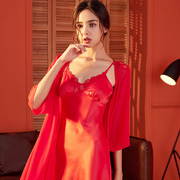 碧美妮绣花睡袍短睡裙套装红色两件套薄款蕾丝性感夏季女睡衣吊带