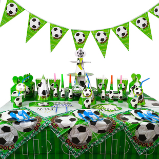 足球主题生日派对布置纸，盘碟杯子桌布，一次性餐具背景装饰横幅气球