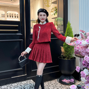 中式盘扣立领小香风外套时尚压褶短裙显瘦套装红色秋冬修身两件套