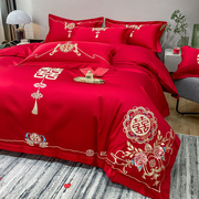 高档中式全棉结婚四件套大红色床单，被套纯棉婚庆床上用品婚房喜被