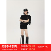pempl连衣裙女夏季廓形垫肩，高克重短袖，包臀裙子低腰黑色短裙