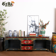 新中式彩绘电视柜实木西，藏式家具仿古做旧地柜，客厅柜储物装饰柜