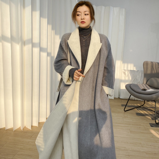 灰色显瘦双面羊绒大衣女双色长款系带洋气睡袍羊毛毛呢子外套冬季
