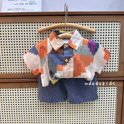 男童夏季短袖套装2024潮流，韩版时髦衬衫，薄款夏装男宝宝两件套