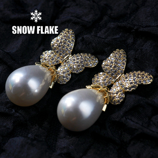法国设计师Snow flake蝴蝶水滴珍珠耳钉气质名媛圆脸显瘦耳环