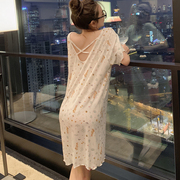 莫代尔短袖睡裙女夏季薄款小性感少女可爱露背中长款韩版卡通睡衣