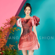 越南小众GIANG KYO 2022夏季泡泡袖玫瑰花色高腰公主裙淑女