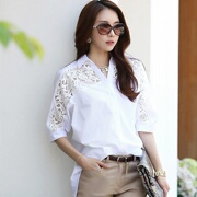 七分袖白衬衫女短袖，韩版宽松大码雪纺衫蕾丝，拼接中长款镂空上衣