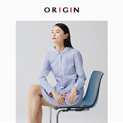 ORIGIN/安瑞井夏季上新蓝色条纹连衣裙女连帽长袖绣花连衣裙