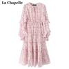 拉夏贝尔lachapelle粉色，碎花裙女收腰雪纺，连衣裙春夏灯笼袖长裙