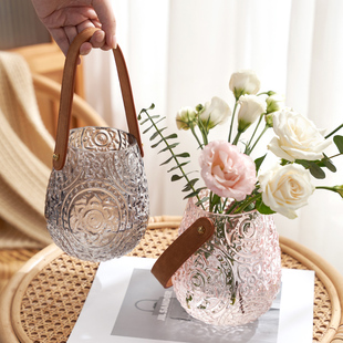 网红轻奢浮雕手提创意玻璃花瓶，透明水养鲜花客厅，餐桌插花装饰摆件
