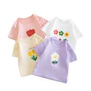 童装儿童短袖t恤女童2024夏款宝宝，衣服可爱花朵印花纯棉圆领上衣