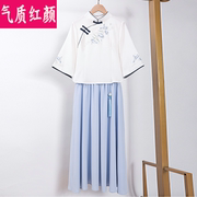 民国学生装汉服改良旗袍上衣夏季中国风女装复古棉麻茶艺服两件套