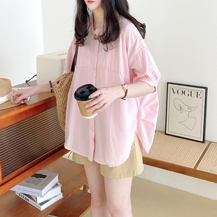 粉色衬衫女夏款2024年通勤龟背设计感棉质纯色短袖娃娃衫上衣