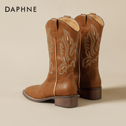 达芙妮棕色切尔西靴女2023百搭马丁骑士靴刺绣，复古西部牛仔靴