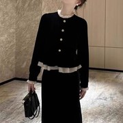 欧洲站女装秋冬季j2023赫本风黑色套装，长袖金丝绒洋装两件套