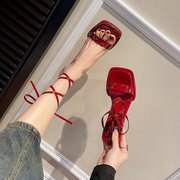 韩版法式交叉脚腕绑带凉鞋女2024年夏季仙女风高跟露趾罗马鞋
