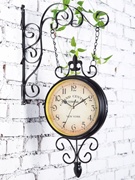 欧式铁艺双面挂钟创意美式田园，挂表现代简约客厅个表装饰复古时钟