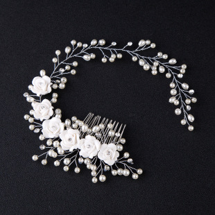 新娘白色花朵手工串珠发绳头饰结婚发饰品婚纱礼服软链发条珠花环