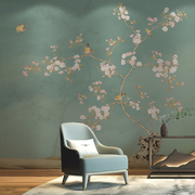现代环保壁纸新中式海棠花鸟意境，淡雅卧室客厅背景墙壁布定制壁画